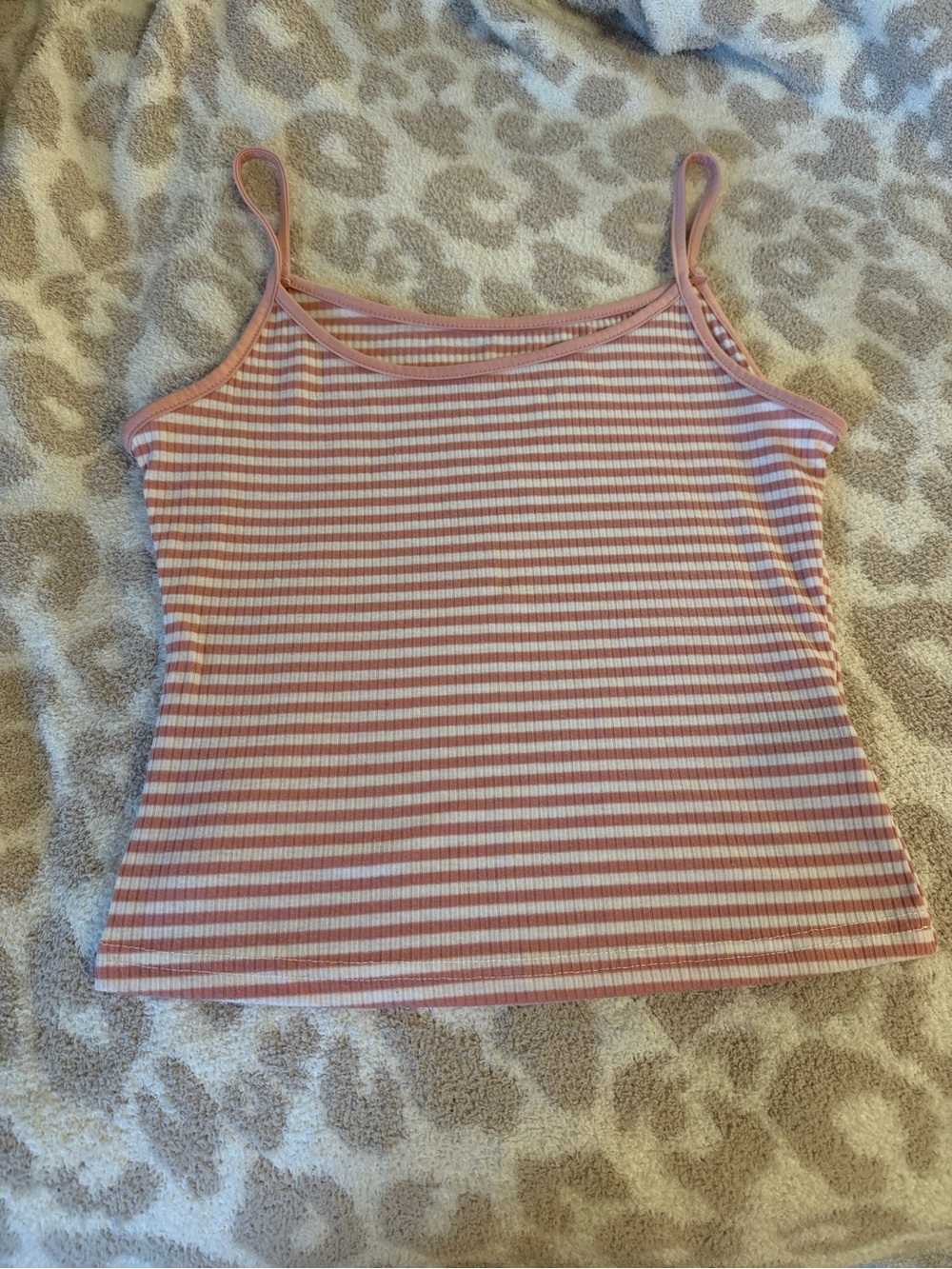 Striped Pink & White Ribbed Spaghetti-Strap Tank Top